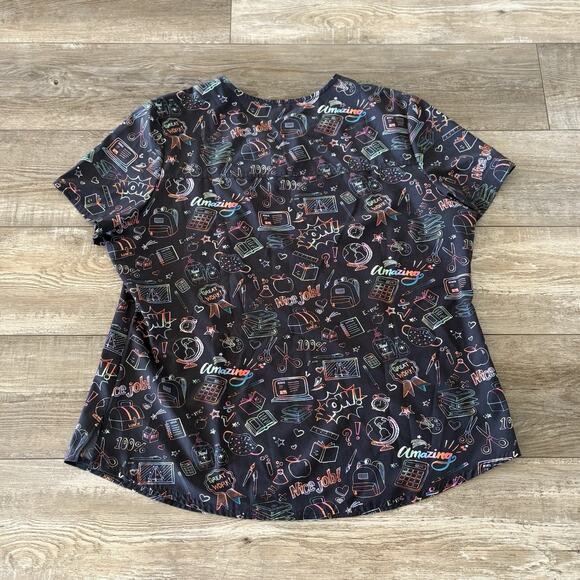Cherokee Scrubs Smart Stuff Gray V Neck Top Size XL School Nurse Supplies Print - Picture 6 of 7